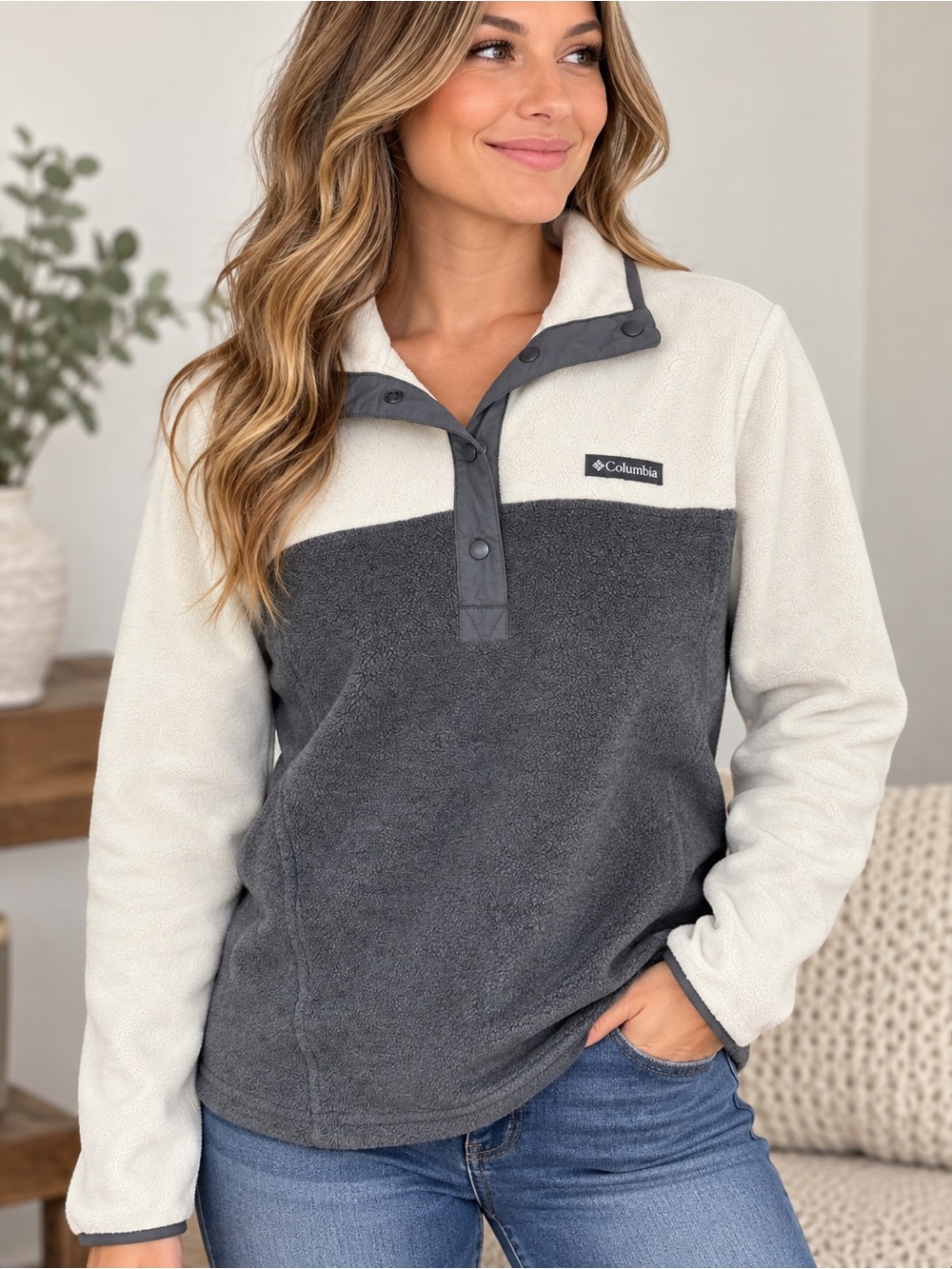Columbia Women's Two-Tone Snap Pullover Fleece - Cream & Gray M